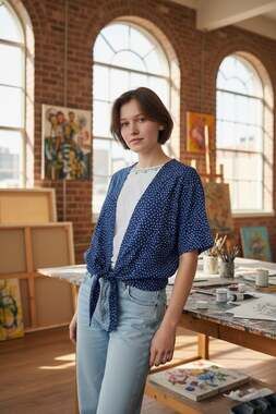 90s Vintage Polka Dot Tie-Front faux Cardigan Layered Blouse